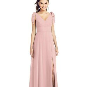 Bow-Shoulder V-Back Chiffon Gown with Front Slit...TH018...Rose....Size 16